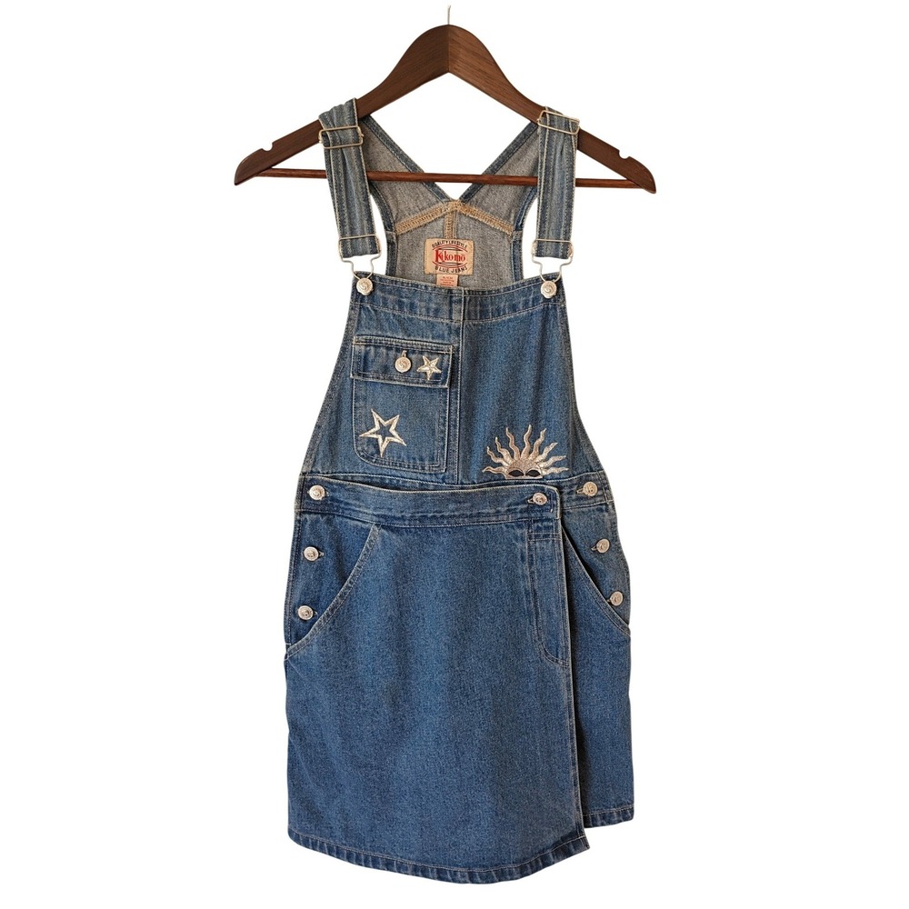 Vintage Denim Overall Skort Dress Celestial Stars Sun Embroidered  S
